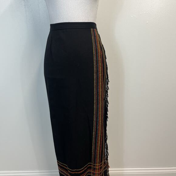 Requirements Long Boho Western Skirt Black Gold Red Fringe Faux Wrap Sz 14 - Picture 2 of 9